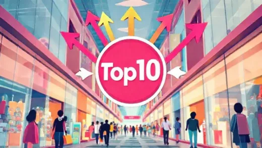 An eye-catching illustration showing a vibrant, bustling shopping street. The Top10 logo is prominently displayed, surrounded by dynamic arrows pointing upwards, symbolizing rapid growth and success in the competitive fashion market. Bright, modern colors, and a sense of forward movement.