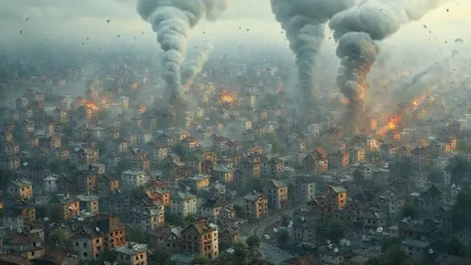 A complex, shifting urban landscape with disappearing houses and money flowing from jeonse to wolse, depicting a housing market in turmoil.