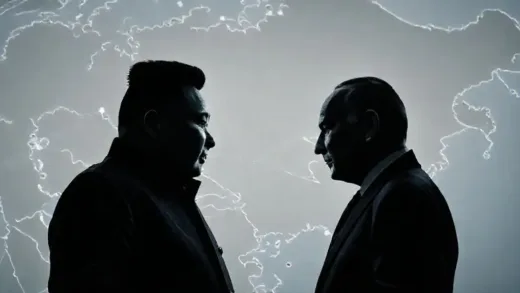A map of East Asia and Russia with intersecting lines representing geopolitical connections, a silhouette of Kim Jong Un and Putin looking at each other, in a serious, strategic meeting atmosphere, wide shot, realistic, cinematic.
