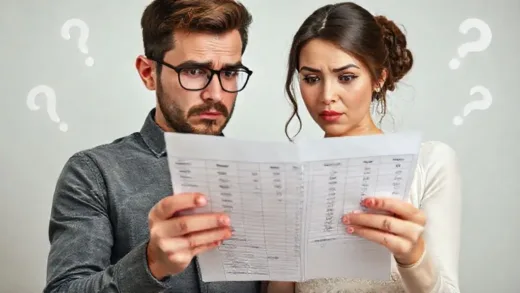 A frustrated young couple looking at a wedding budget spreadsheet, with question marks and money symbols floating around their heads, slightly overwhelmed but determined.