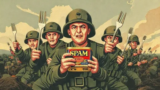 Vintage propaganda poster style illustration showing soldiers on a battlefield, but instead of weapons, they are holding forks and a can of SPAM, with a powerful, determined look.