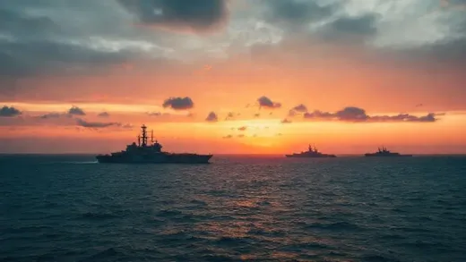 A dramatic panoramic view of the East China Sea at sunset, with a Chinese aircraft carrier and a Japanese destroyer faintly visible on the horizon, symbolizing regional tensions.