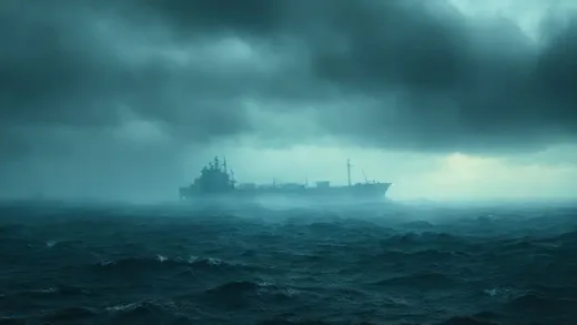 A vast, stormy ocean with a ghostly outline of a large cargo ship, hinting at mystery and danger, dramatic lighting.