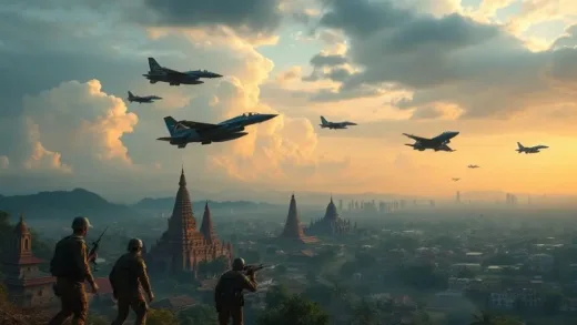 A dramatic digital painting of a border conflict between two Southeast Asian nations, with fighter jets in the sky and soldiers on the ground, against a backdrop of ancient temples and modern cities. Emphasize tension and geopolitical complexity.