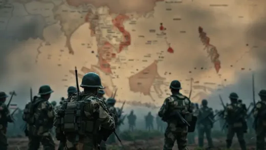 An intense military standoff between Thai and Cambodian soldiers at a contested border, with a blurred background of a complex map showing historical and current disputed areas in Southeast Asia, dramatic lighting, conveying tension.