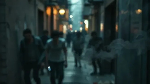 A street scene with blurred, slightly disoriented figures, some stumbling or leaning against walls, giving a 'zombie-like' impression, with a subtle glow of an electronic cigarette in the foreground. Focus on urban environment and mysterious atmosphere.