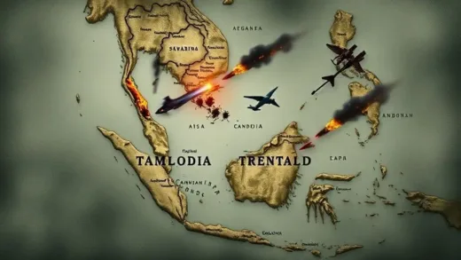 A detailed map of Southeast Asia highlighting the border region between Thailand and Cambodia, with symbols of conflict and rising tension. The overall mood should be serious and urgent.