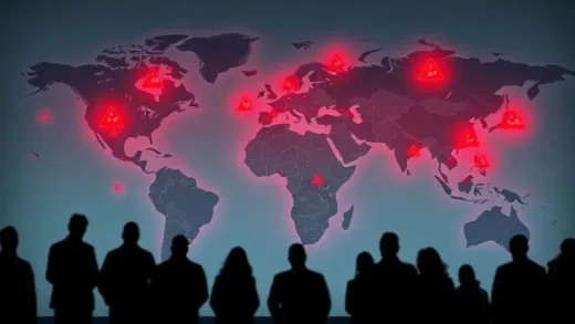 A global map with red warning signs flickering over major cities, depicting a sense of global insecurity and terror threats, with silhouettes of worried people in the foreground.