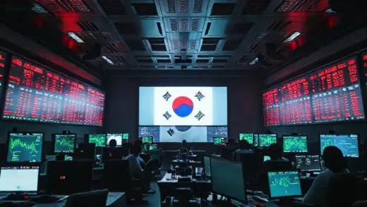 A futuristic, tense trading room in Seoul, 2025, with glowing red and green stock tickers on multiple monitors, reflecting worried traders. In the background, a subtle image of the Korean flag.