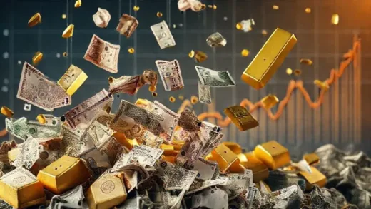 A composite image showing various world currencies falling, with gold bars rising in value against them. In the background, a subtle graph showing economic instability and currency debasement. Dynamic and impactful.
