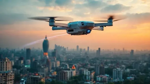 A futuristic delivery drone quickly carrying packages over a vibrant Indian city skyline at dawn, with a digital clock showing '10 minutes'. The drone leaves a trail of light, symbolizing speed.