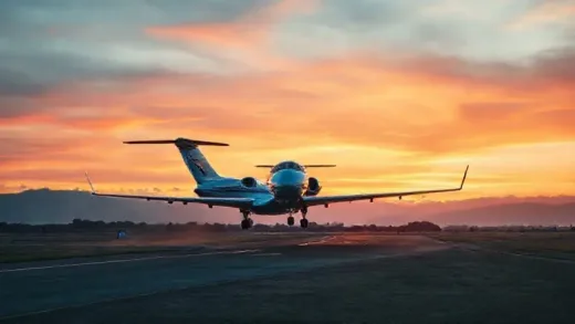 A sleek private jet taking off from a private runway at sunset, with a vibrant sky. The image should convey luxury and freedom, with a hint of modern technology and efficiency.