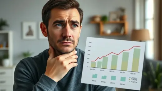 A person looking confused and frustrated while looking at a chart showing high average household income and assets, with a subtle contrast to a more modest living environment.