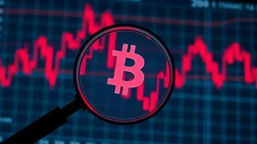 A magnifying glass over a digital currency chart with red lines, symbolizing a hidden investigation into a major cybersecurity incident in the cryptocurrency market.