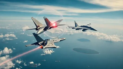 A dramatic illustration of a Chinese J-15 fighter jet locking its radar onto a Japanese F-15J fighter jet over the East China Sea, with Okinawa in the background. Emphasize the tension and the advanced technology involved.