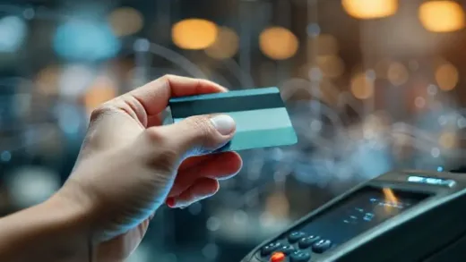 A modern hand holding a credit card, ready to tap on a payment terminal, with digital transaction lines flowing in the background, symbolizing the ubiquity and hidden complexity of daily transactions.