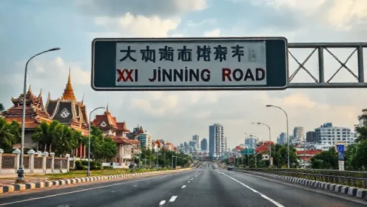 A modern road in Phnom Penh, Cambodia, with a prominent road sign in Khmer and English, clearly showing 'Xi Jinping Road'. The background features a blend of traditional Cambodian architecture and modern development, symbolizing the blend of cultures and influences, with a subtle hint of Chinese presence.