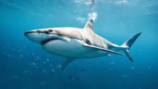 A majestic great white shark swimming gracefully in the open ocean, mouth slightly agape, with schools of fish swimming around it. The water is clear and blue, with sunlight filtering from above.