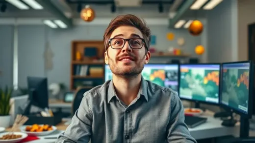 A dynamic image showing a person transforming from a tired office worker to a vibrant, successful content creator, surrounded by food and digital screens.