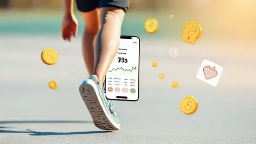 A person walking with a smartphone tracking steps, with coins and health icons floating around, in a bright, encouraging style.