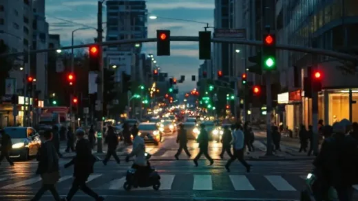 A busy urban intersection at dusk, with traffic lights changing to green. Pedestrians are crossing, but there's a slight sense of unease or hidden danger, perhaps a scooter emerging from an alley in the background. Dynamic lighting, city lights blurring.