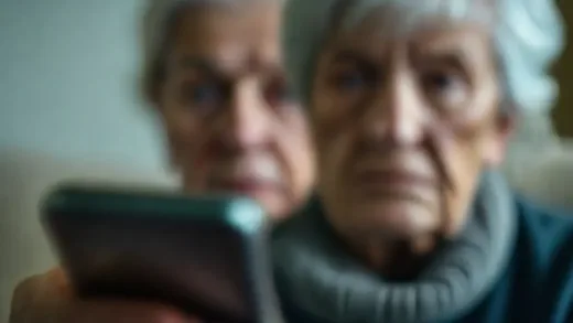 A close-up shot of a smartphone screen displaying a suspicious call, with a blurred, worried face of an elderly woman in the background. The scene should evoke anxiety and vulnerability.