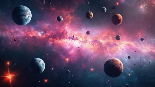 A vibrant, high-definition space illustration showing a nebula in the background, with various alien planets of different colors and textures (some blue like water, some red like lava, some icy, some dark and mysterious) orbiting stars in the foreground, evoking a sense of wonder and mystery.