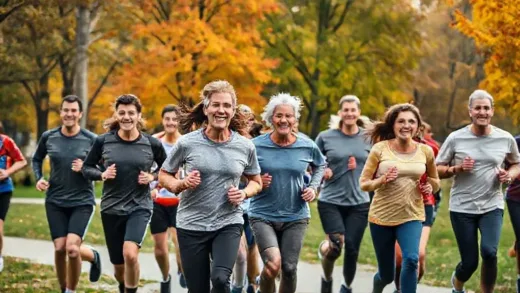 A dynamic shot of various runners, young and old, male and female, running together in a vibrant city park during autumn, with colorful leaves on the trees. Some runners are smiling and interacting, showcasing a sense of community and joy. The atmosphere is energetic and inspiring.