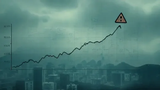 A mysterious, complex financial graph with an upward trend for interest rates despite efforts to lower them, set against a background representing the Korean economy, with a subtle "warning signal" icon.