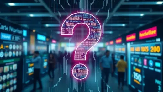 A question mark formed by digital data streams, with a backdrop of a bustling e-commerce interface, symbolizing trust and security concerns in the digital age.