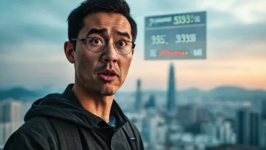 A person looking shocked at a digital screen displaying statistics, with a blurred background of Seoul city skyline.