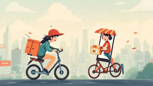 A dynamic illustration of two delivery apps, one (representing Baemin) slightly faltering and the other (representing Coupang Eats) gaining momentum, with a backdrop of a bustling city.