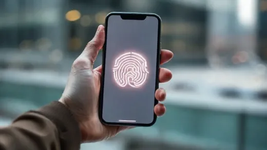 A person's hand holding a smartphone, with a glowing facial recognition icon on the screen, indicating a successful Face ID unlock. The background is slightly blurred, suggesting a modern, urban environment.