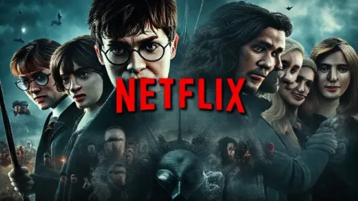 A cinematic collage of iconic characters from Harry Potter, Game of Thrones, and Friends, subtly integrated with the Netflix logo, evoking excitement and anticipation.