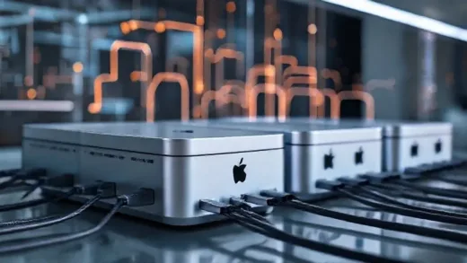 Detailed image of multiple sleek Mac mini computers connected with Thunderbolt 5 cables, forming a futuristic, glowing local AI cluster, with abstract data flow lines, in a clean, modern tech environment.