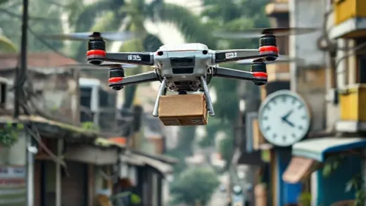 A futuristic delivery drone delivering a package to a traditional Indian street, with a clock showing 10 minutes, symbolizing rapid delivery in an unexpected setting.
