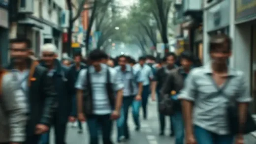 A street scene with blurred figures, some appearing disoriented or falling, implying a strange phenomenon. The atmosphere is slightly unsettling, with a focus on urban background.