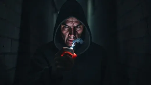 A shadowy figure holding a glowing electronic cigarette in a dark alley, with a worried expression, symbolizing hidden danger and addiction.