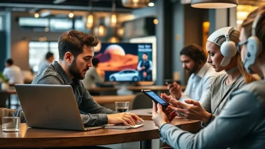 A man working on a laptop in a cafe, showing a split screen with a Mars landing video, another person talking about electric car batteries, and a third person interacting with an AI chatbot on a smartphone. The scene is modern and bustling, with a subtle futuristic feel. Focus on the interconnectedness of these daily technological scenes.