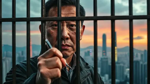 A powerful image depicting a journalist, Jimmy Lai, behind bars, with the backdrop of a vibrant yet fading Hong Kong skyline. The journalist is looking determined, holding a pen, symbolizing the fight for press freedom amidst suppression. The overall mood is somber but defiant.