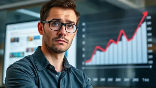 A puzzled person looking at a search engine result page filled with ads, while in the background, a graph shows revenue steeply rising despite a search market share decline. The scene is modern and digitally oriented, with a touch of paradox.