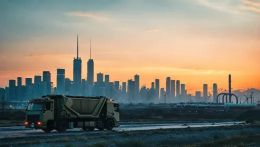 A striking image of a modern city skyline at dawn, with a subtle overlay of heavy waste trucks moving in the foreground. In the background, a futuristic landfill site is depicted with pipes extracting gas, symbolizing energy generation. The overall mood is active and forward-looking, highlighting the unseen essential services of a city.