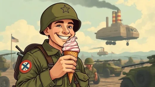 A vintage illustration of a cheerful American soldier holding an ice cream cone in a war zone, surrounded by military equipment, with a hint of a floating factory in the background. The mood is surprisingly positive amidst the conflict.