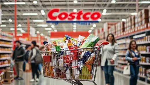 A bustling Costco store interior with shoppers, a large shopping cart full of diverse products, and a subtle overlay highlighting membership cards and smiling customers.