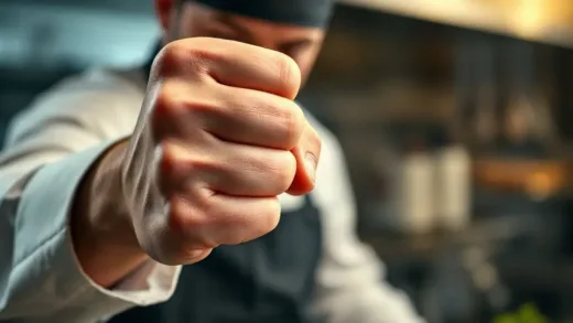 A close-up shot of a chef's strong, determined hand, with a subtle culinary background blur, emphasizing resilience and passion. Dynamic lighting, inspiring atmosphere.