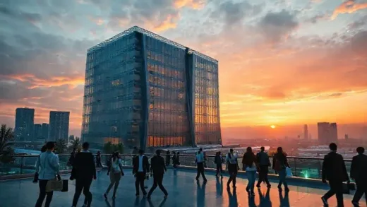 A captivating image of a futuristic office building at sunset, with diverse employees walking around, symbolizing a blend of aspiration and reality in big tech. Some subtle tech elements like glowing lines or data streams in the background.