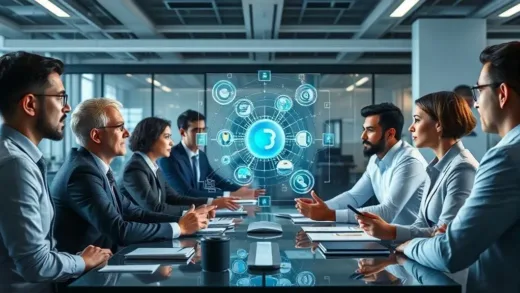 A futuristic office scene where diverse leaders are collaborating with AI interfaces, brainstorming with holographic projections, and using advanced AI tools to make strategic decisions. The atmosphere is innovative and forward-thinking.