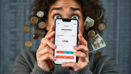 A person looking surprised while holding a smartphone displaying a digital gift certificate balance, with various coins and banknotes appearing around it, suggesting unexpected financial gain. The background shows a subtle pattern of digital data.