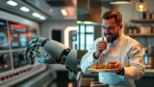 A split image showing two contrasting scenes. On one side, a futuristic, minimalist control room with a robotic hand precisely adjusting dials, representing "AI-like" objectivity. On the other side, a warm, lively kitchen setting with a passionate chef tasting food and expressing genuine reactions, representing "human touch" and "engagement".