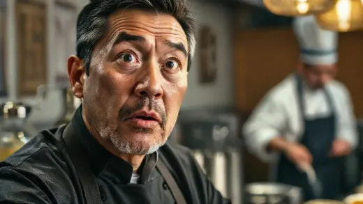 A dramatic close-up shot of a cooking competition judge looking surprised and impressed, with a blurred background of a traditional Korean brewing setup and a chef preparing food.